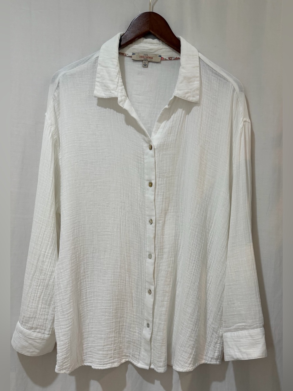 Casa Cabana 100% Cotton Gauze Classic Button Up Shirt Roll Tab Sleeve -White- L